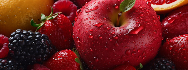 Banner layout of red fruits and vegetables. Generative AI. © Liana