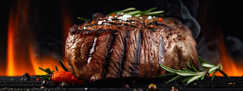 Banner Showcasing a Perfectly Grilled Medium-Rare Steak with Herbs and Mixed Peppers.