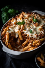 A casserole of baked ziti with sausage, mozzarella, and ricotta cheese, AI-generated art, Generative AI, illustration