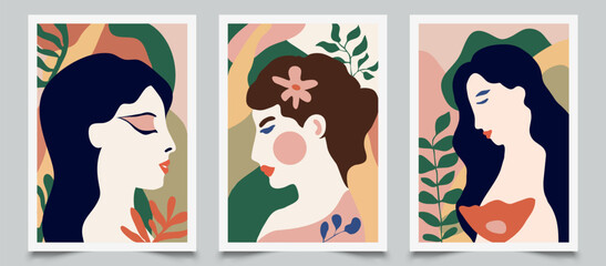 Female head in pastel colors. Set of abstract trendy creative artistic posters
