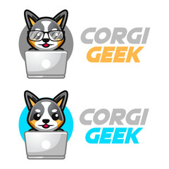 Modern vector flat design simple minimalist logo template of corgi dog geek nerd smart mascot character vector collection for brand, emblem, label, badge. Isolated on white background.