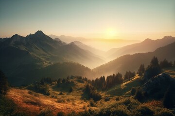 Sunrise over summer mountains, natural background. Generative AI