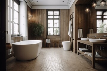Bathroom with bathtub, double sink, white and wooden. Generative AI