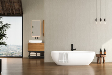 Naklejka na ściany i meble Stylish bathroom interior with parquet floor, window with city view, white walls, bathtub, and white sink with vertical mirror and wooden vanity. 3d rendering, Mock up