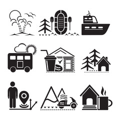 A set of vector illustrations, logo, icons for travel and leisure. Wildlife and tourism.