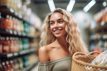 young adult attractive woman with blond dyed hair, shopping in the supermarket, with a shopping basket, with the drinks, shelves. Generative AI