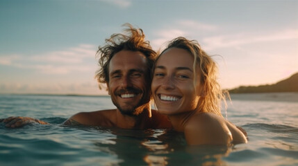 young adult couple woman and man swims in the sea near the beach, summer vacation time, fictional place. Generative AI
