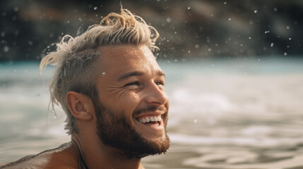 Fototapeta na wymiar young adult man swims in the sea near the beach, summer vacation time, fictional place. Generative AI