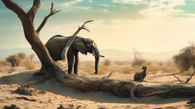 An elephant sitting on a branch in the sand