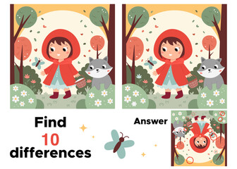 Fototapeta premium Educational game. Find differences. Red Riding Hood and gray wolf. Classical fairy tale. Cute cartoon characters. Printable puzzle. Vector illustration.