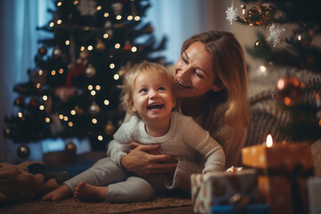 Obraz na płótnie Canvas young adult woman with her child, toddler girl and mother woman, at christmas in living room with christmas presents and christmas tree. Generative AI