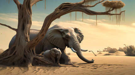 Fototapeta premium An elephant sitting on a branch in the sand