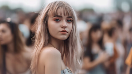 Obraz na płótnie Canvas attractive young adult woman wearing tank top at small local fest event, slim body, confident to arrogant or shy introvert, caucasian. Generative AI