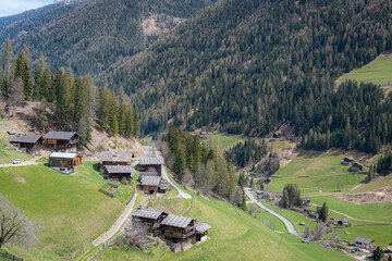 Traditional alpine house (H&ouml;fe or Masi) in the municipality of Ultimo in Ultental. Trentino Alto Adige S&uuml;dtirol South Tyrol, Italy