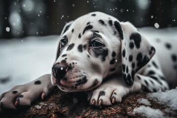 Happy Dalmatian puppy relaxing in snowy scenery. Generative AI