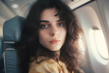 Fototapeta na wymiar airplane seat turned to the window, arrangement of the airplane seats passenger airplane, view to the window, young adult woman flying in the airplane. Generative AI