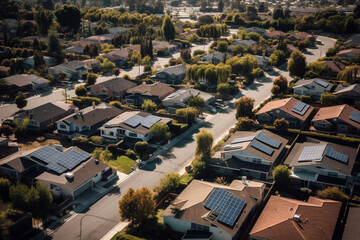 Fancy neighborhood with houses with solar panels drone view. Ai generated