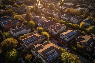 Fancy neighborhood with houses with solar panels drone view. Ai generated