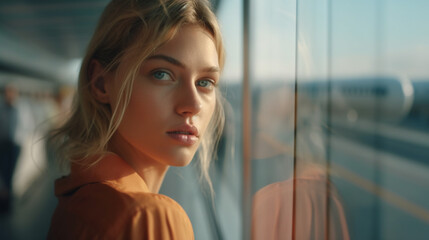 young woman at the airport, walks down a long corridor to the departure gate, with large windows overlooking the runway, traveling, impatient or stressed or exhausted tired. Generative AI