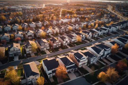 Fancy neighborhood with houses with solar panels drone view. Ai generated