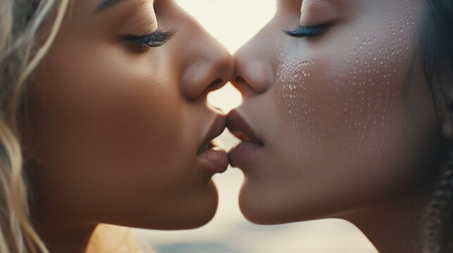 two attractive young adult women kissing, close-up. Generative AI