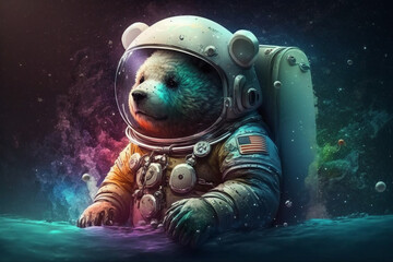 Colorful bear dressed in an astronaut or cosmonaut suit. Ai generated