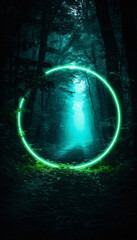Mystical glowing neon light creepy circle or portal in the forest, AI generated