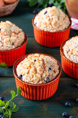 Homemade vegan blueberry muffins with blueberry on the green table