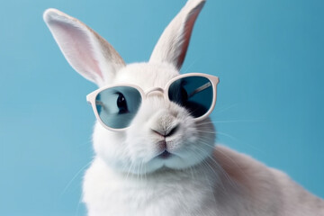 Obraz premium Cool white rabbit with sun glasses against a blue background. Ai generated