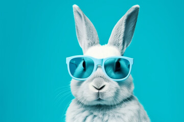 Cool white rabbit with sun glasses against a blue background. Ai generated