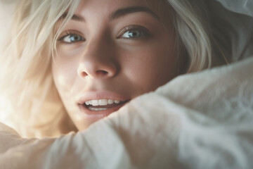 young adult woman with blond hair in bed under the covers in daylight. Generative AI