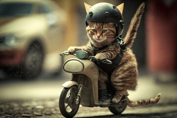 Funny cat riding a motorcycle. Ai generated
