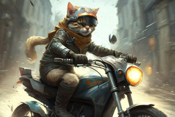 Funny cat riding a motorcycle. Ai generated