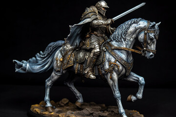 Figurine of blue knight on horse. Ai generated