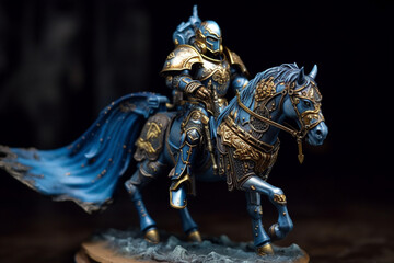 Figurine of blue knight on horse. Ai generated - obrazy, fototapety, plakaty