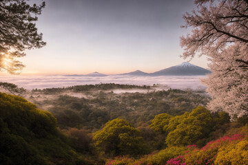 Sakura blossoms in japanese style ornamental garden, beautiful landscape. Generative AI.