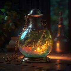 Magical Potion bottle with green and yellow liquid on an apothecary table made with Generative AI