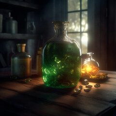 Magical Potion bottles with green and yellow liquid on an apothecary table near a window made with Generative AI