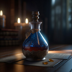 Magical Potion bottle with blue and red liquid on an apothecary table made with Generative AI