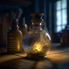 Magical Potion bottle with yellow liquid on an apothecary table near a window made with Generative AI
