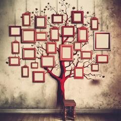 Ancient Family Tree with Red Blank Picture Frames hanging from the branches made with Generative AI 