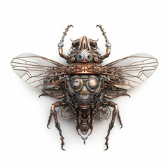 Steam punk mechanical detailed insect on white background made with Generative AI 