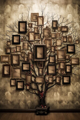 Ancient Family Tree with Blank Picture Frames hanging from the branches made with Generative AI 