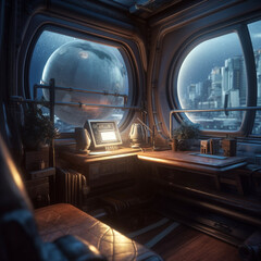 View of an office desk next to windows in the living quarters on a Starship view of planet and alien city made with Generative AI 