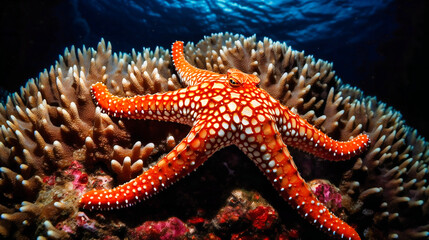 A starfish sits on top of coral reef above the waters