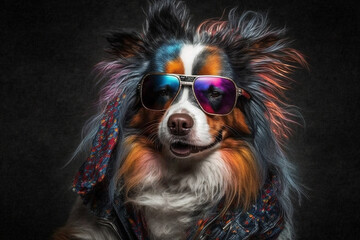 Funny punk rock colored dog with sunglasses. Ai generated
