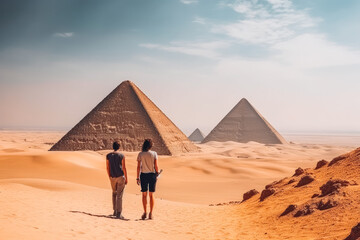 Fototapeta na wymiar Egypt travel destination. Tourist couple on sunny day in desert with pyramids and beautiful landscape. Generative AI.