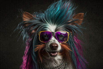 Funny punk rock colored dog with sunglasses. Ai generated