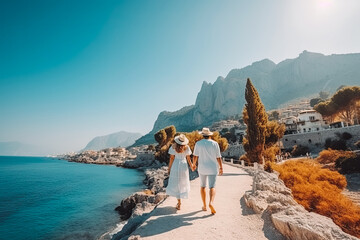 Antalya travel destination. Tourist couple on sunny day in beautiful nature landscape. Generative AI. - obrazy, fototapety, plakaty