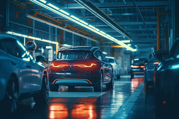 Fototapeta premium autonomous robot factory produces vehicles cars bodies in a big hall on long production line